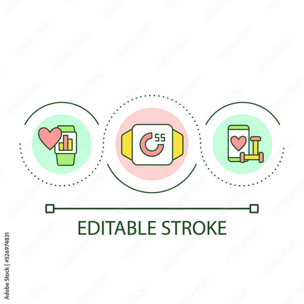 Poster health monitoring with mobile devices loop concept icon. application for fitness. heartbeat control 