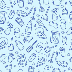 Seamless Pattern Doodle style vector cleaning elements. A set of drawings of cleaning products and items. Room washing kit.