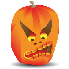 The pumpkin looks down with a fiery glow inside. Vector isolated illustration on white background. Traditional decoration, halloween celebration symbol