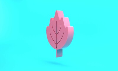Obraz premium Pink Leaf icon isolated on turquoise blue background. Leaves sign. Fresh natural product symbol. Minimalism concept. 3D render illustration