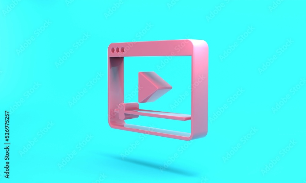 Wall mural pink online play video icon isolated on turquoise blue background. film strip with play sign. minima