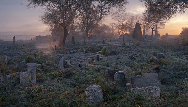 illustration of a cemetery at sunset.3D illustration.Digital painting.