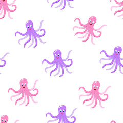 Seamless pattern Cartoon funny octopus with bubbles and stars, vector illustration of a sea animal in a children concept.