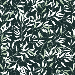White leaves on green background seamless pattern. Vector forest background from leaves for fabric and paper