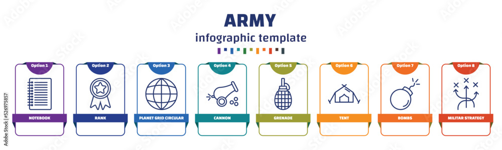 Poster infographic template with icons and 8 options or steps. infographic for army concept. included noteb