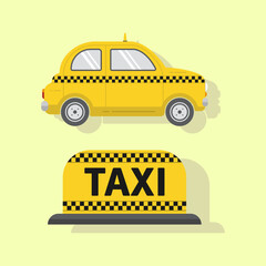 Vector icon car taxi service yellow color in flat style with shadow, as well as a checker with the inscription taxi on a bright background, for advertising and web design.