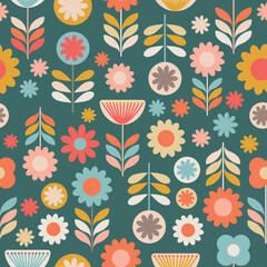 Many retro flowers made from simple shapes on dark green background, seamless repeating pattern vector illustration 