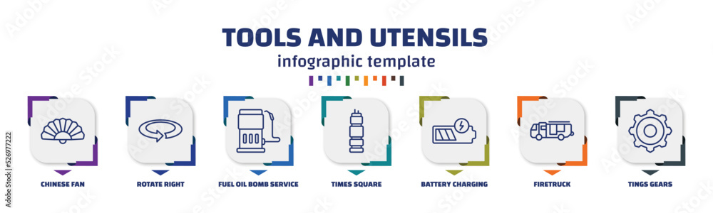 Aufkleber infographic template with icons and 7 options or steps. infographic for tools and utensils concept. 