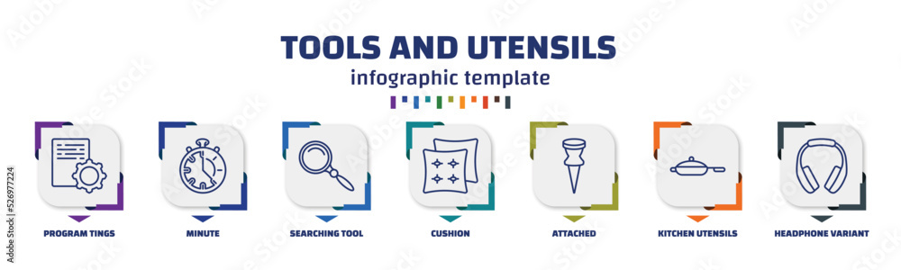 Aufkleber infographic template with icons and 7 options or steps. infographic for tools and utensils concept. 