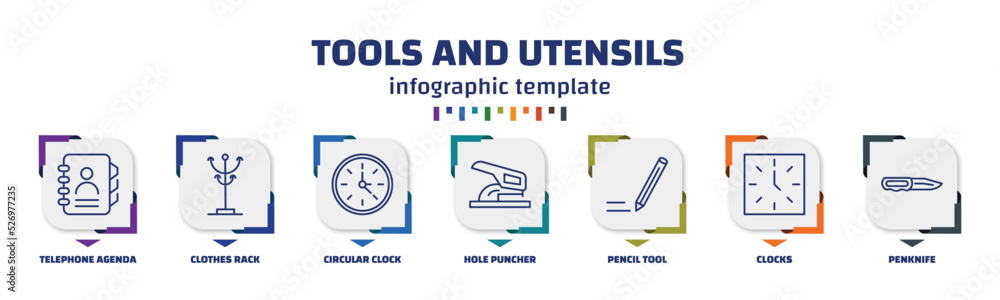 Aufkleber infographic template with icons and 7 options or steps. infographic for tools and utensils concept. 