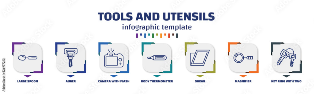 Aufkleber infographic template with icons and 7 options or steps. infographic for tools and utensils concept. 
