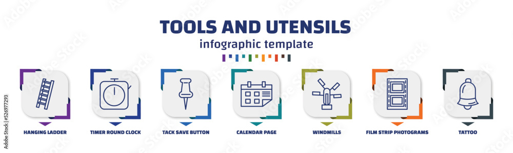 Aufkleber infographic template with icons and 7 options or steps. infographic for tools and utensils concept. 