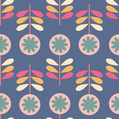 Obraz premium Many retro flowers made from simple shapes on blue background, seamless repeating pattern vector illustration