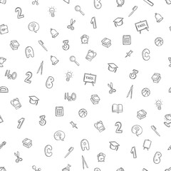 Seamless vector pattern on a white background school items in a flat style doodle numbers, alarm clock, pen, bell, magnifier, briefcase, calculator, for web design and typography.