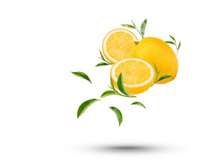 Water splash on fresh lemon and tea leaves isolated on transparent background. (.PNG)