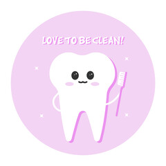 Cute tooth characters in flat style. Cleaning teeth. Clean tooth with toothbrush vector illustration. Dental hygiene cartoon. Tooth with toothbrush