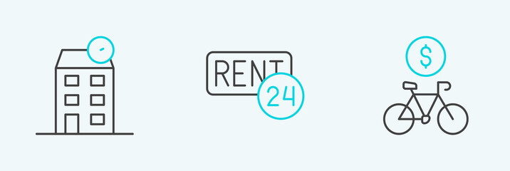 Set line Bicycle rental mobile app, House and Rent icon. Vector