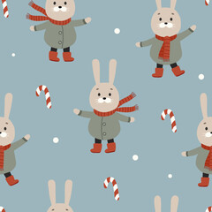 Fototapeta premium Cute cartoon rabbit dressed up in winter clothes. Christmas seamless vector pattern