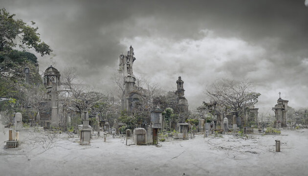 cemetery illustration with abandoned city.3D illustration.Digital painting.