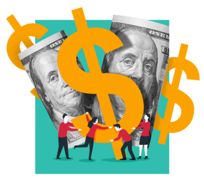 Economics and financial management concept - people team work group holds and rises big dollars