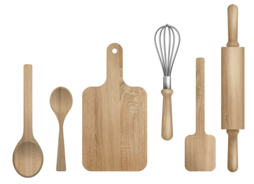 Cook set - collection of wooden textured kitchenware  - spoon, ladle, cutting board, rolling pin. whisk, spatula, salt shaker - set of cooking equipment and utensil