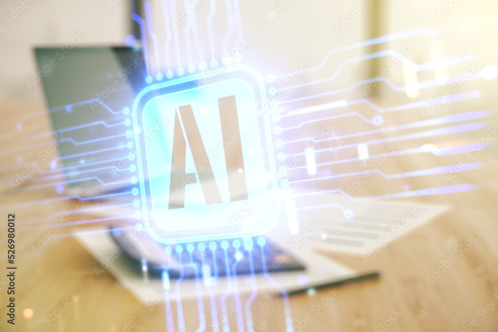 Poster double exposure of creative artificial intelligence icon on blurry calculator with laptop background
