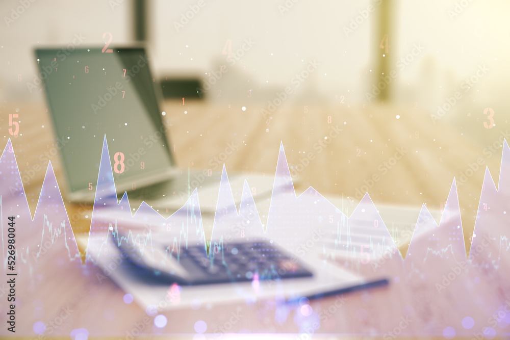 Poster multi exposure of abstract statistics data hologram interface on calculator and pc background, compu