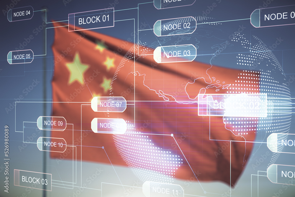Aufkleber multi exposure of abstract software development hologram and world map on chinese flag and blue sky 