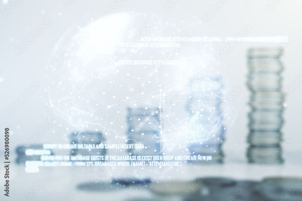 Poster double exposure of abstract creative programming illustration and world map on growing coins stacks 
