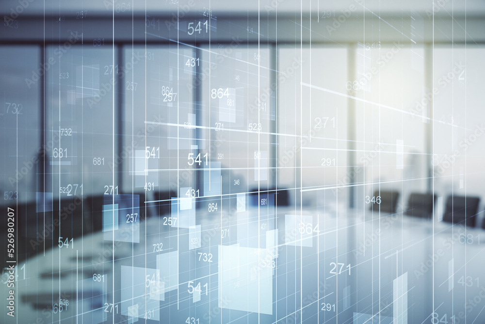 Poster double exposure of abstract creative statistics data hologram on a modern boardroom background, anal