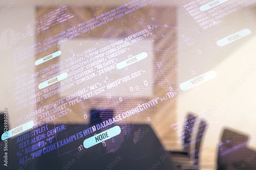Poster double exposure of abstract programming language hologram and world map on a modern meeting room bac