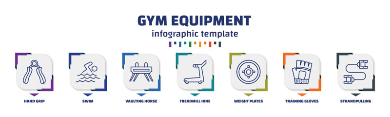 infographic template with icons and 7 options or steps. infographic for gym equipment concept. included hand grip, swim, vaulting horse, treadmill hine, weight plates, training gloves, strandpulling