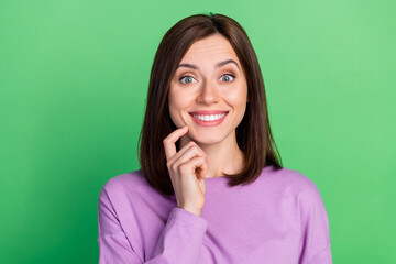 Photo of cute lady feel interested about new dentist teeth care beaming smiling isolated green color background