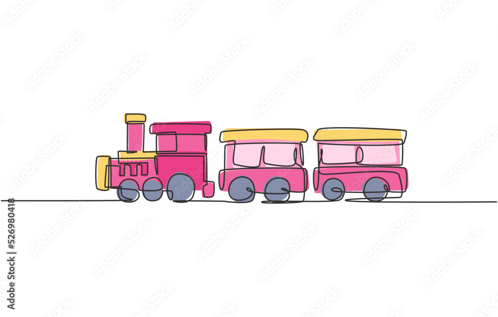 Poster single continuous line drawing of a locomotive train with two carriages in the form of a roving stea