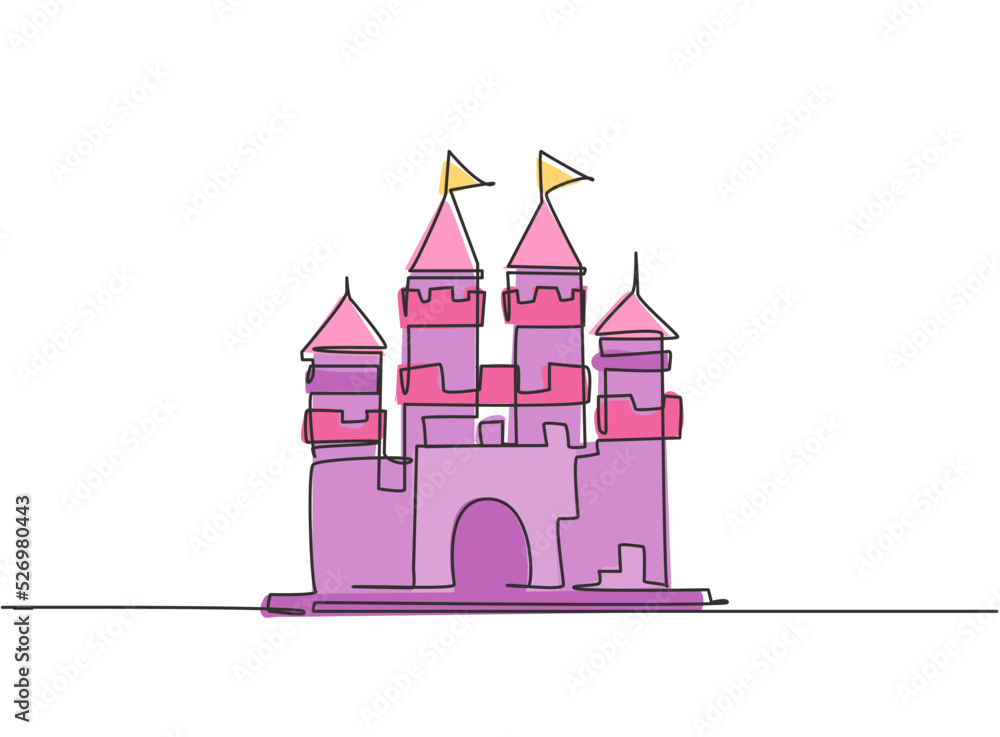 Poster single one line drawing of castle in an amusement park with four towers and two flags on it. a fort 