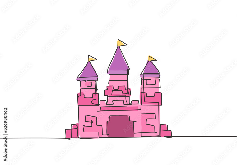 Poster single continuous line drawing a castle in an amusement park with three towers and a flag on each ro