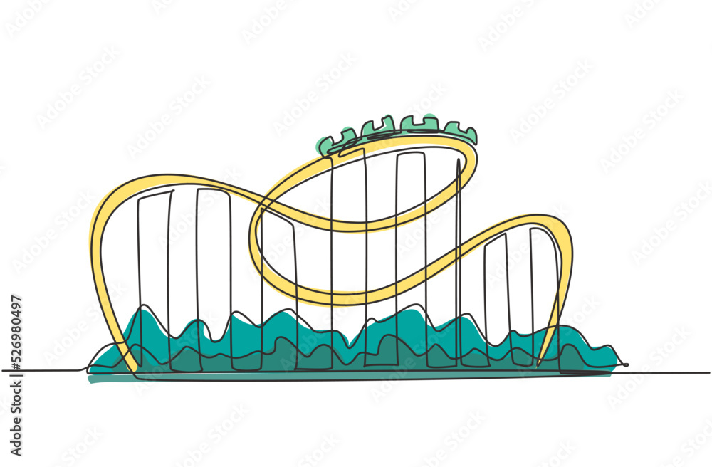 Poster single continuous line drawing of a roller coaster in amusement park with a track high into the sky.