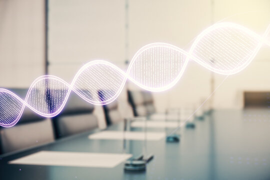 DNA hologram on a modern coworking room background, science and biology concept. Multiexposure