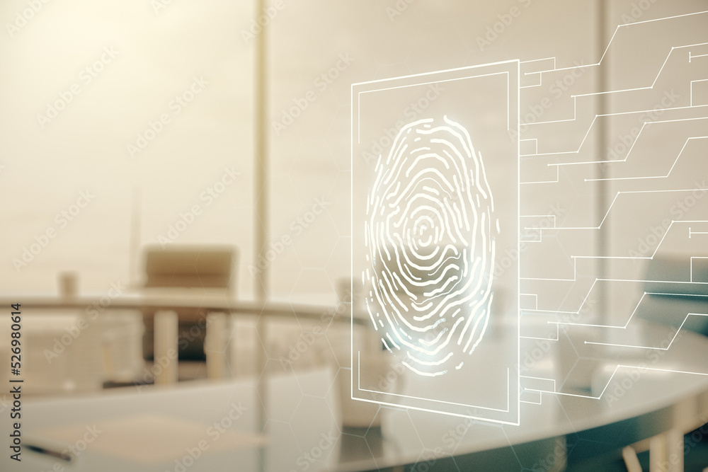 Poster multi exposure of virtual fingerprint scan interface on a modern furnished office interior backgroun