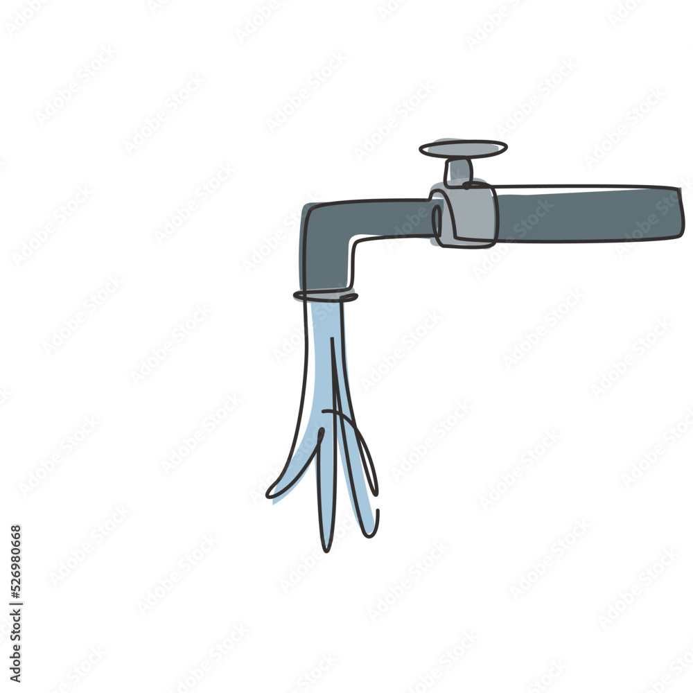 Poster single one line drawing of a splash of water falling from the water tap. symbol of freshness and cle