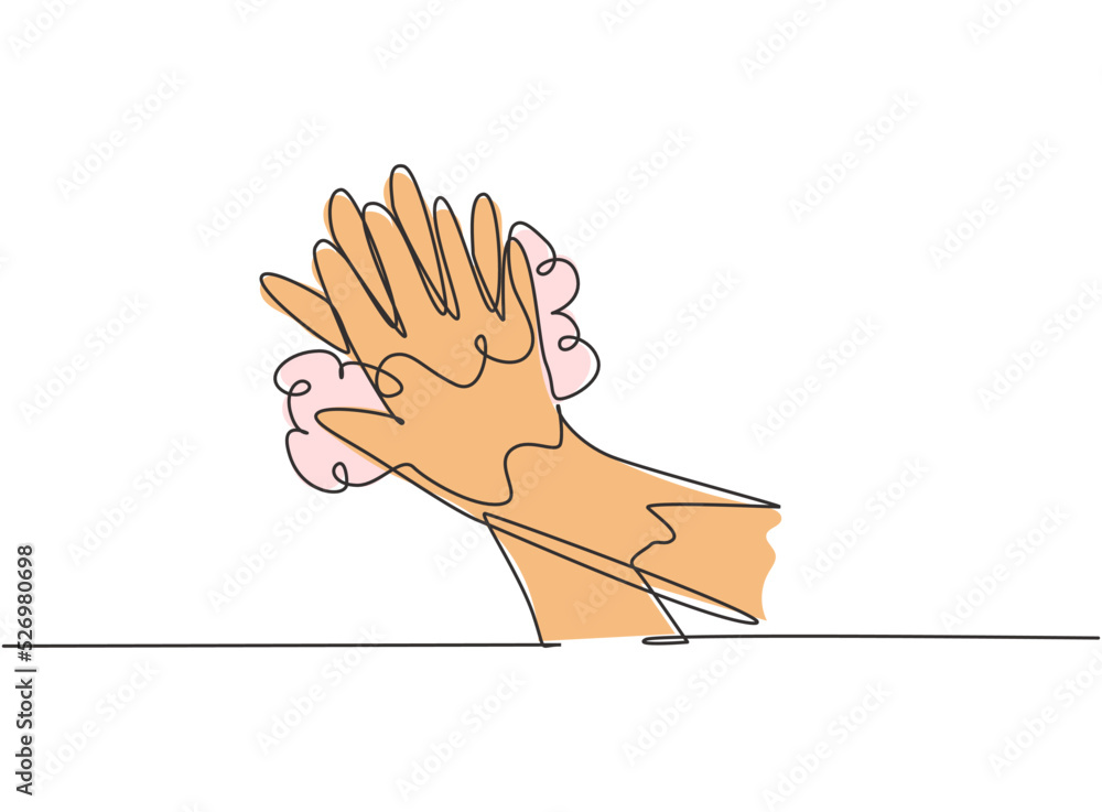 Poster continuous one line drawing twelve steps hand washing by rubbing between your fingers with soap and 