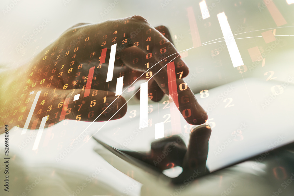 Poster Multi exposure of abstract financial graph and hand working with a digital tablet on background, financial and trading concept