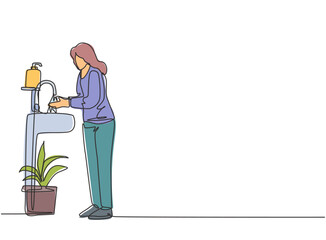Continuous one line drawing a woman washes her hands in the sink, there is a soap dish by the tap and there is a pot of plants under the sink. Single line draw design vector graphic illustration.