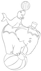 Circus elephant with a seal. Element for coloring page. Cartoon style.