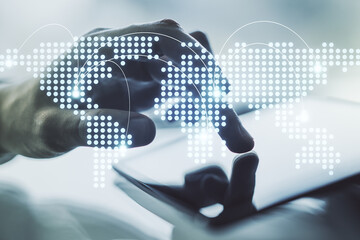 Abstract creative world map with connections and finger clicks on a digital tablet on background, international trading concept. Multiexposure