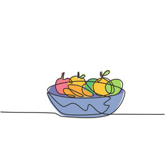 Single one line drawing of a basket full of fruit such as oranges, apples, pears. Healthy food contains vitamins that the body needs. Modern continuous line draw design graphic vector illustration.