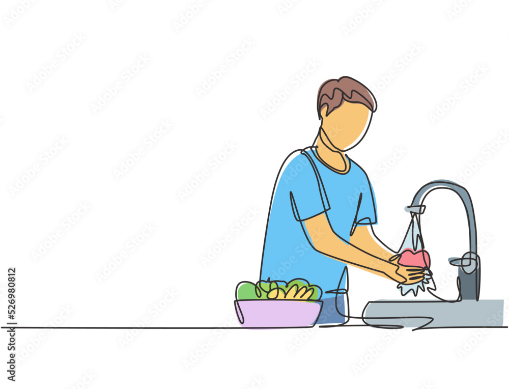 Poster single continuous line drawing a man washes fruits in the sink from the germs that stick to clean. c