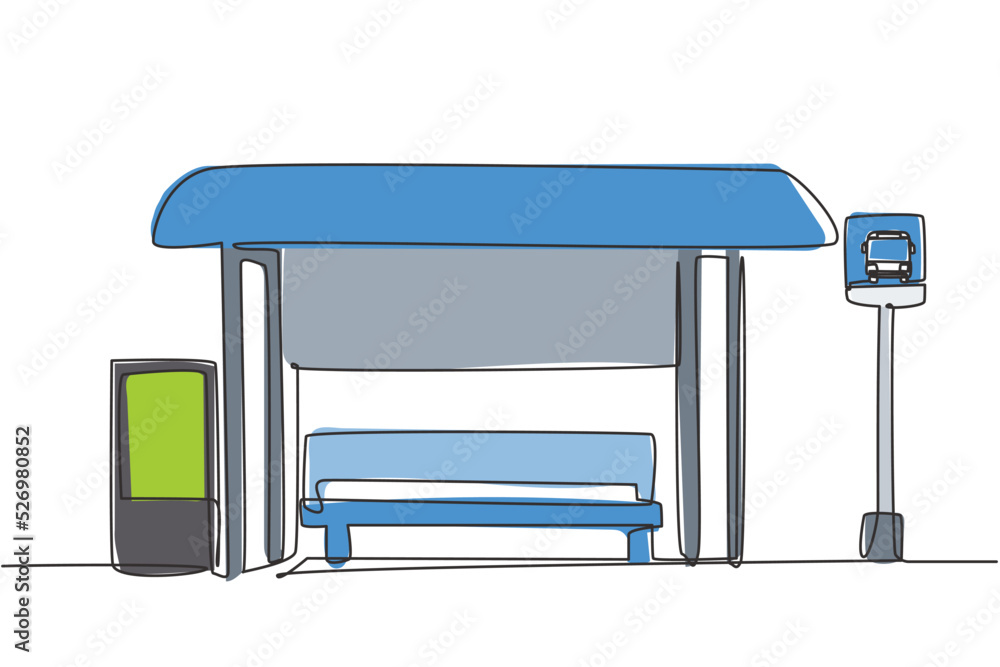 Poster single one line drawing of bus stops with shelter, simple bus signs and trash cans located on the si