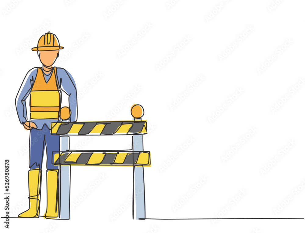 Aufkleber continuous one line drawing a construction worker is standing next to the under construction board w