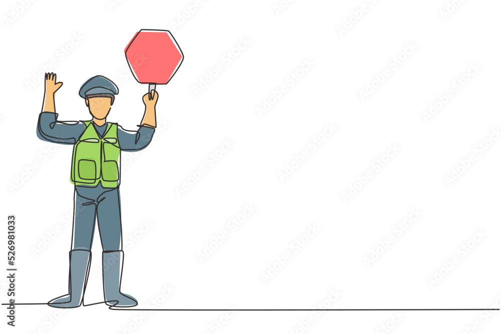 Aufkleber single continuous line drawing policeman in full uniform and lifting traffic signs are controlling t